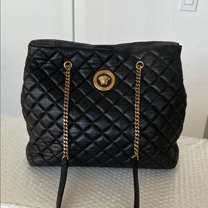 Versace Black Quilted Leather Medusa Shoulder Bag with Gold Chain Straps